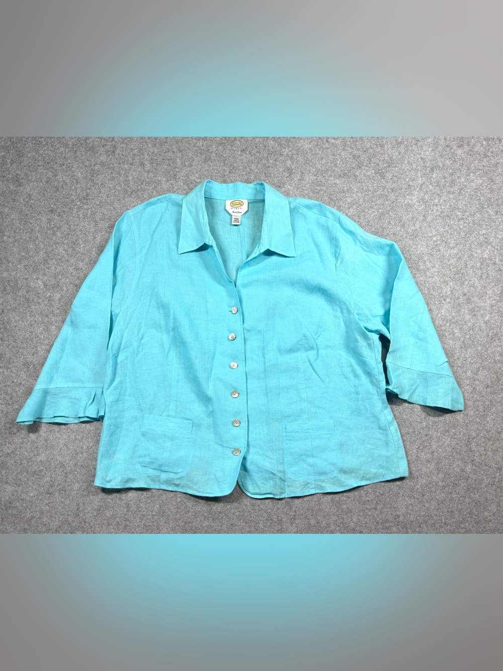 Talbots Aqua Blue Button-Front Linen Shirt 20W Pockets Career Wear Blouse Top